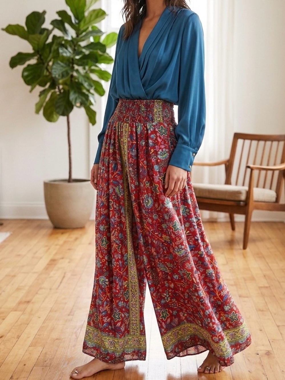 Red Floral Wide-Leg Pants
